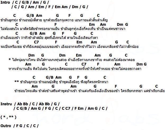 คอร์ด ข้ามันลูกทุ่ง ไท ธนาวุฒิ