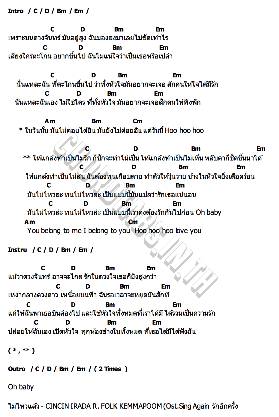 คอร์ด ไม่ไหวแล้ว CINCIN IRADA
