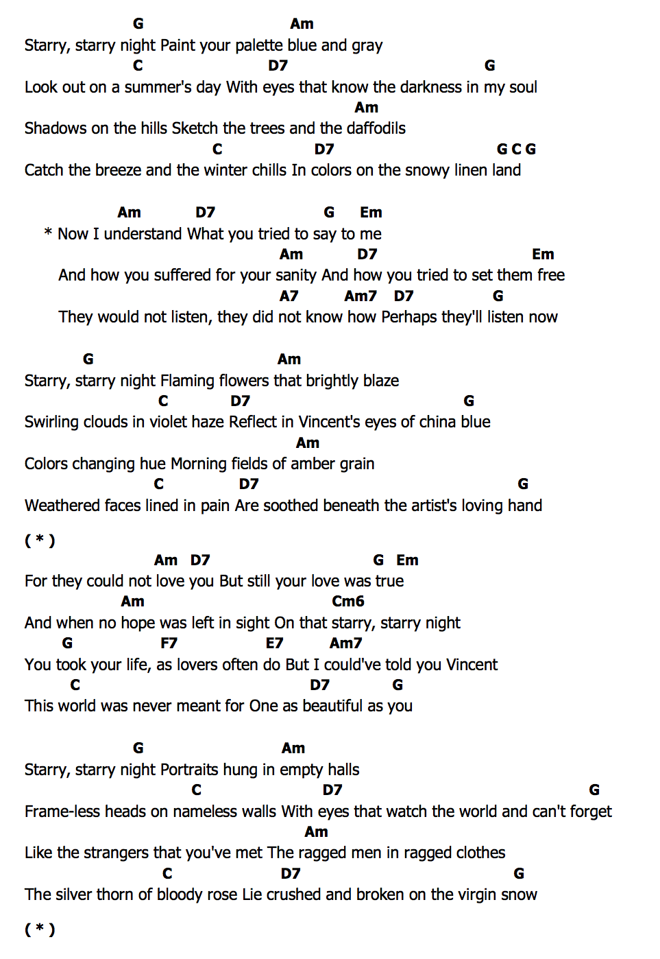 คอร์ด Vincent (Starry  Starry Night) Don McLean