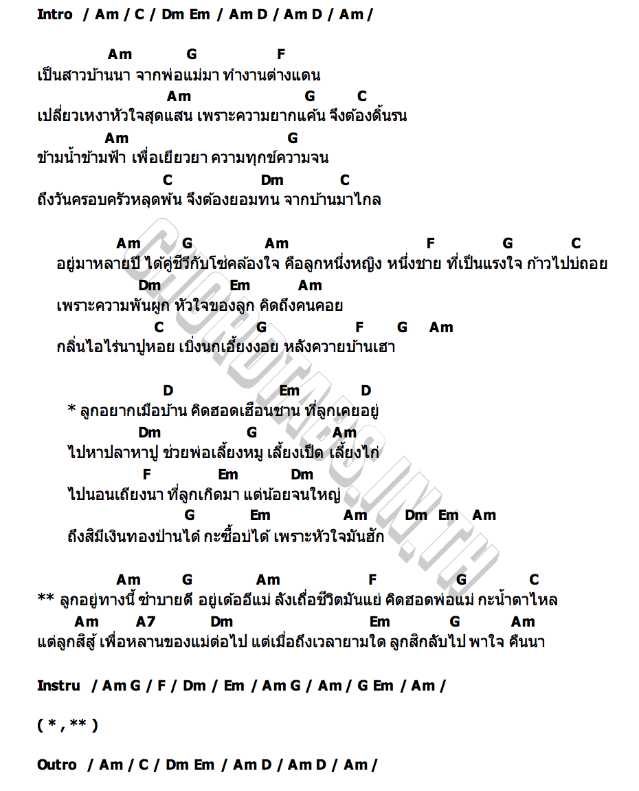 คอร์ด ตัวอยู่ไกล ใจอยู่บ้าน ฟ้า ธิราพร