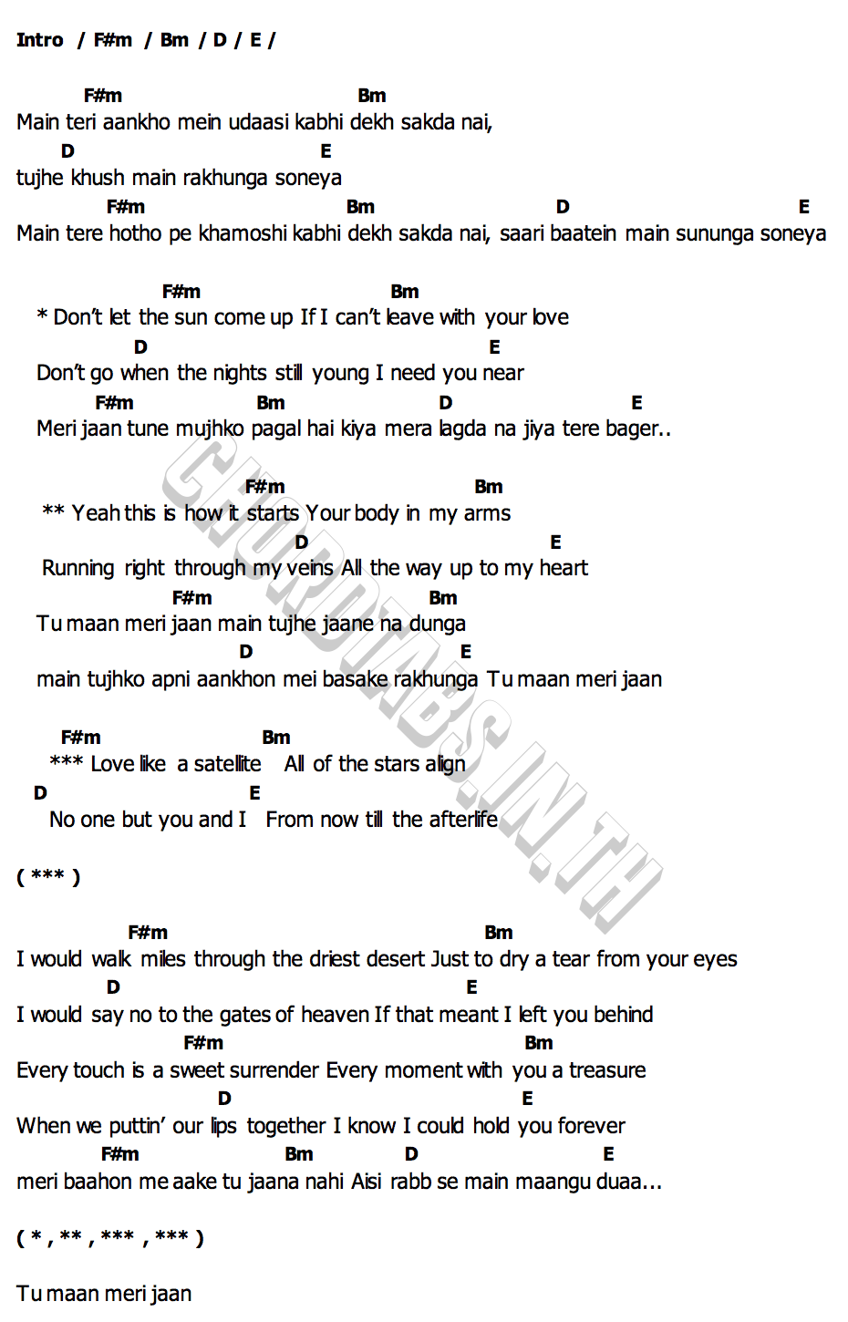 คอร์ด Maan Meri Jaan (Afterlife) King x Nick Jonas