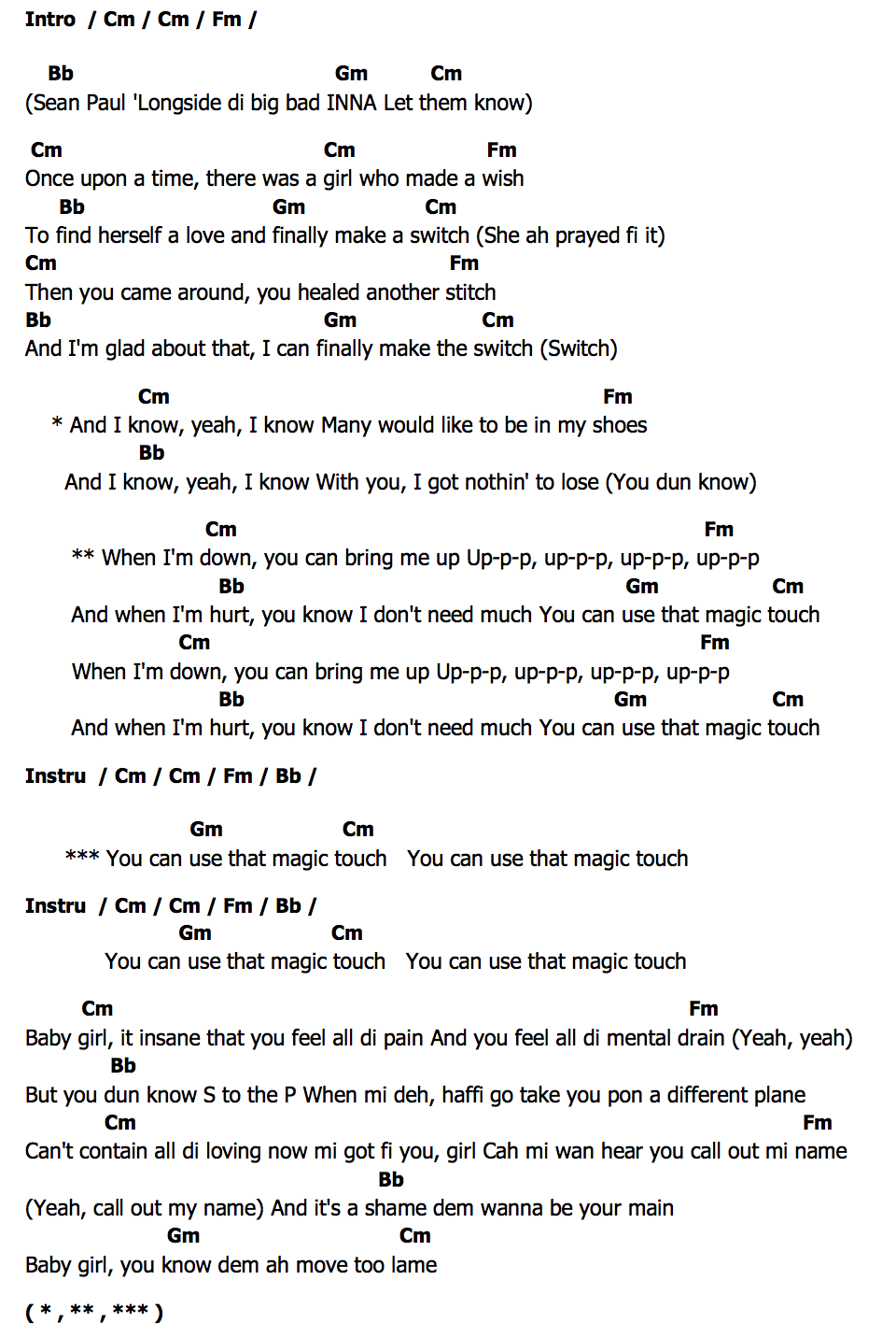 คอร์ด UP (Remix) INNA & Sean Paul