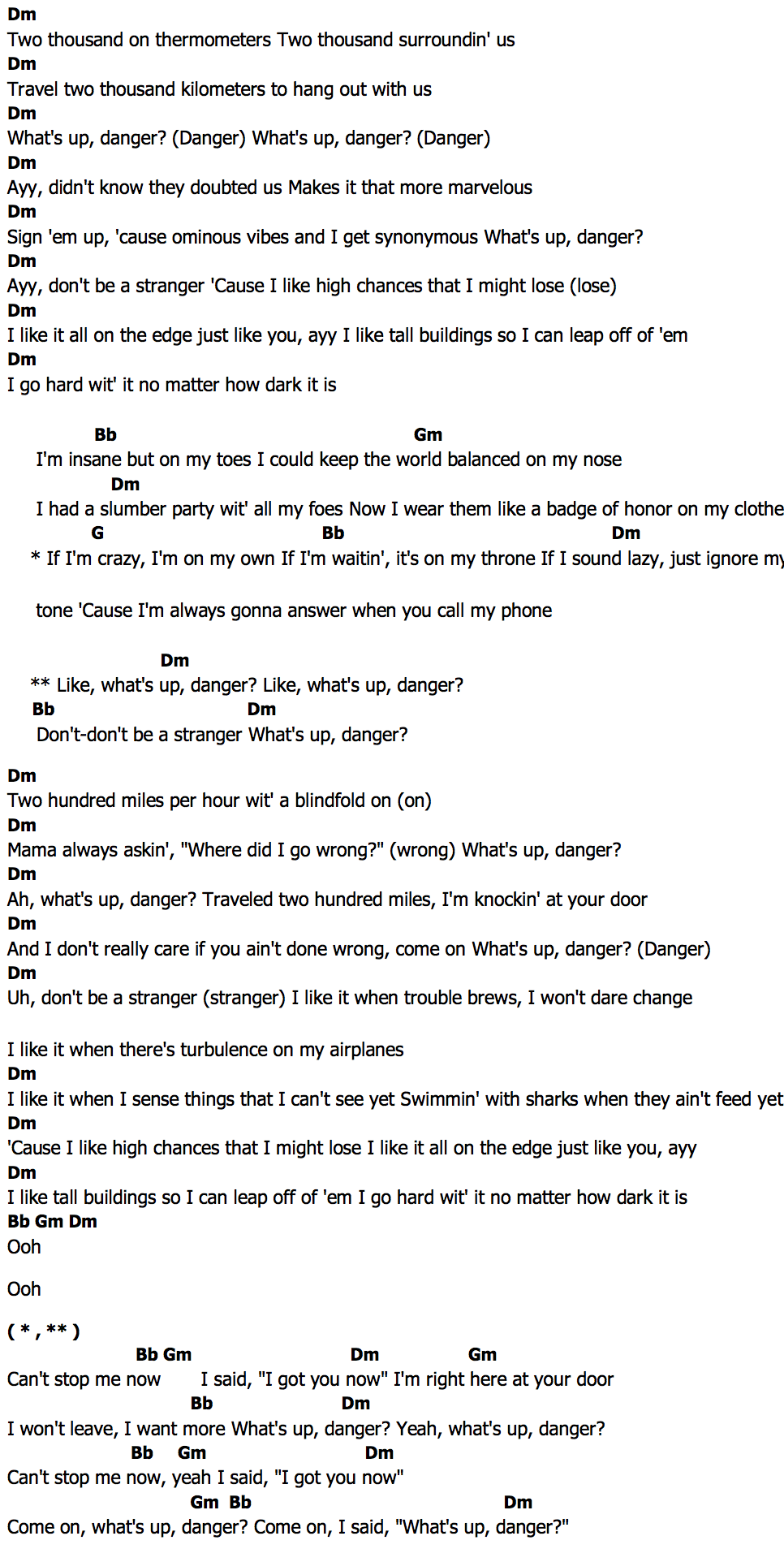 คอร์ด Whats Up Danger Blackway