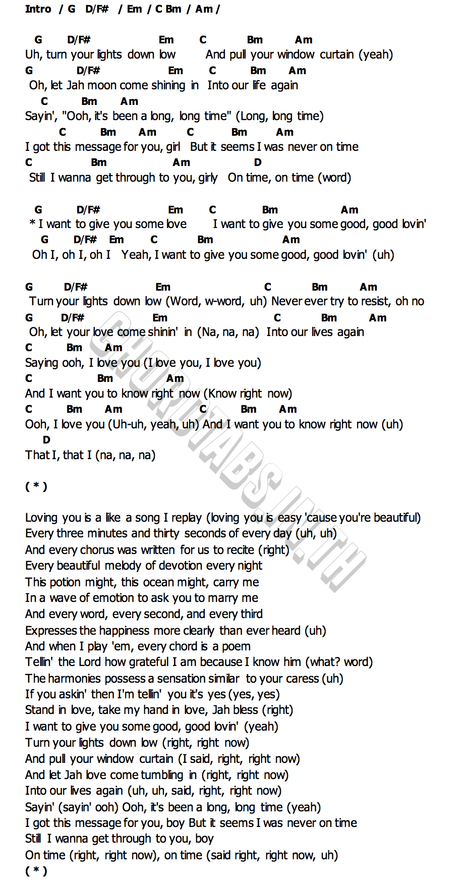 คอร์ด Turn Your Lights Down Low Bob Marley