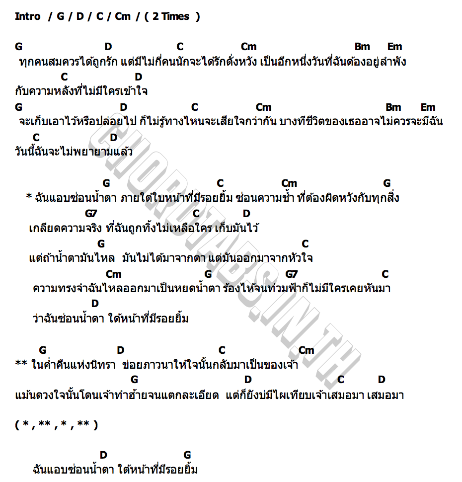 คอร์ด ฉันแอบซ่อนน้ำตาใต้หน้าที่มีรอยยิ้ม เรนิษรา