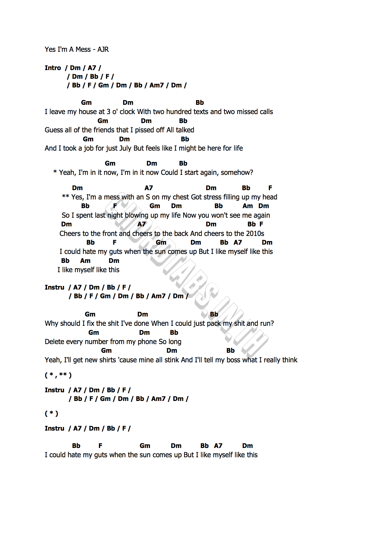 คอร์ด Yes I m A Mess AJR