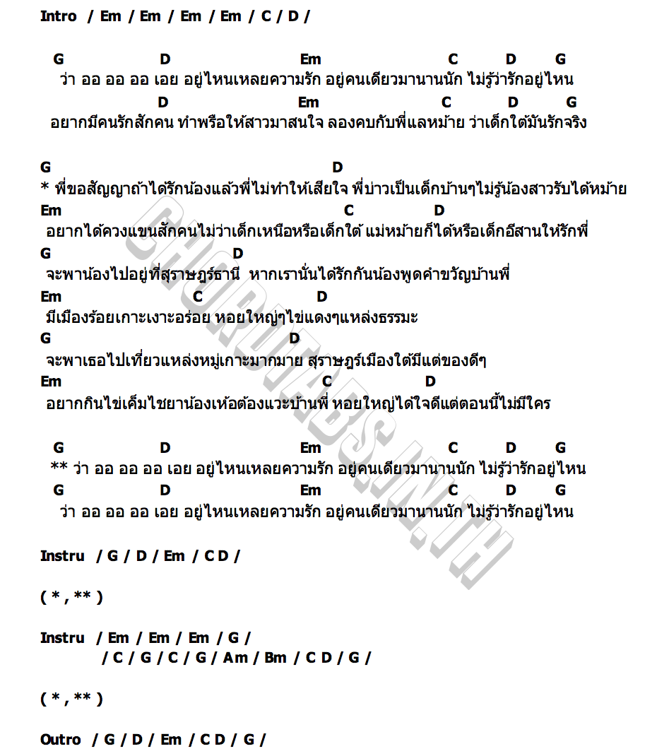 คอร์ด อยู่ไหนเหลยความรัก(เมืองคนดี) บ.เบิ้ล สามร้อย
