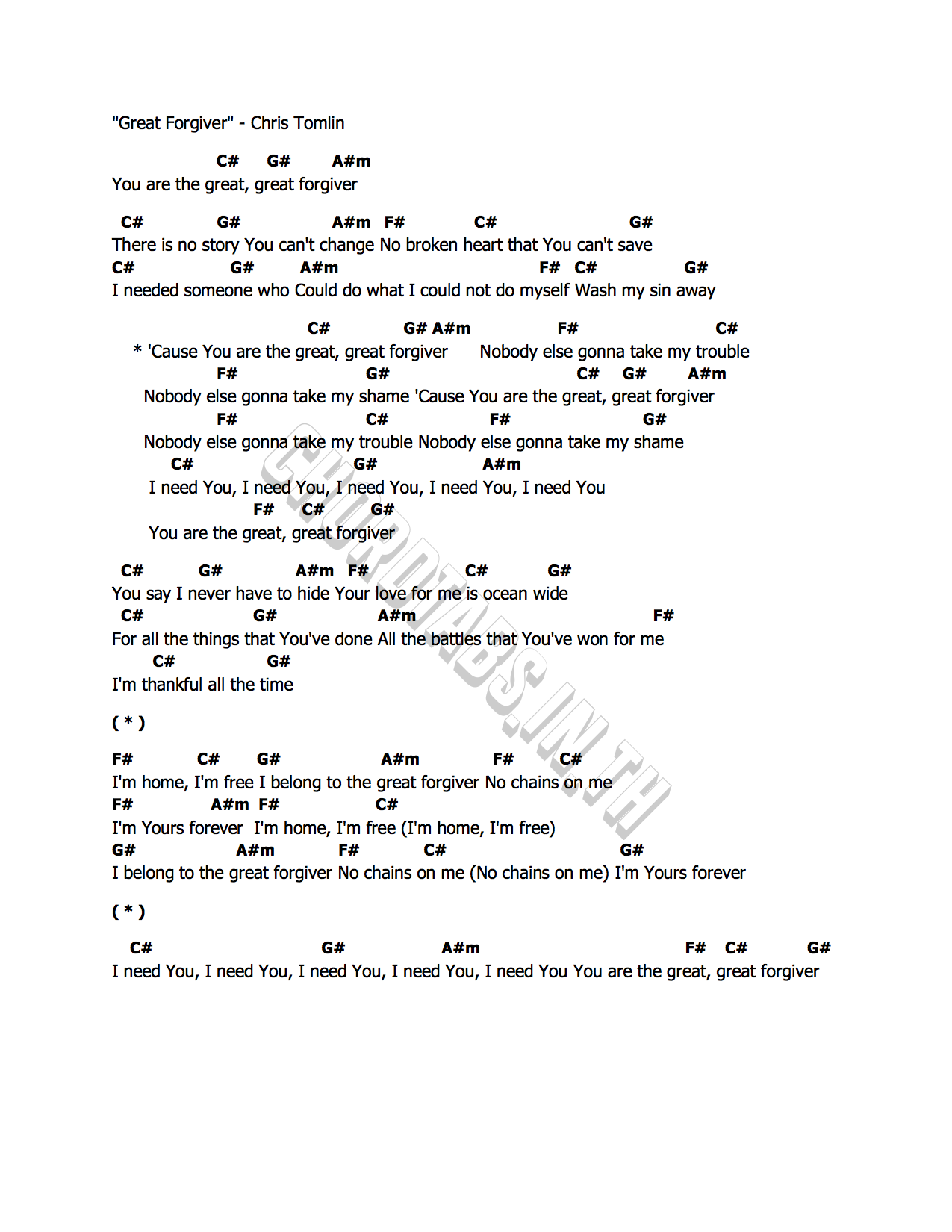 คอร์ด Great Forgiver Chris Tomlin