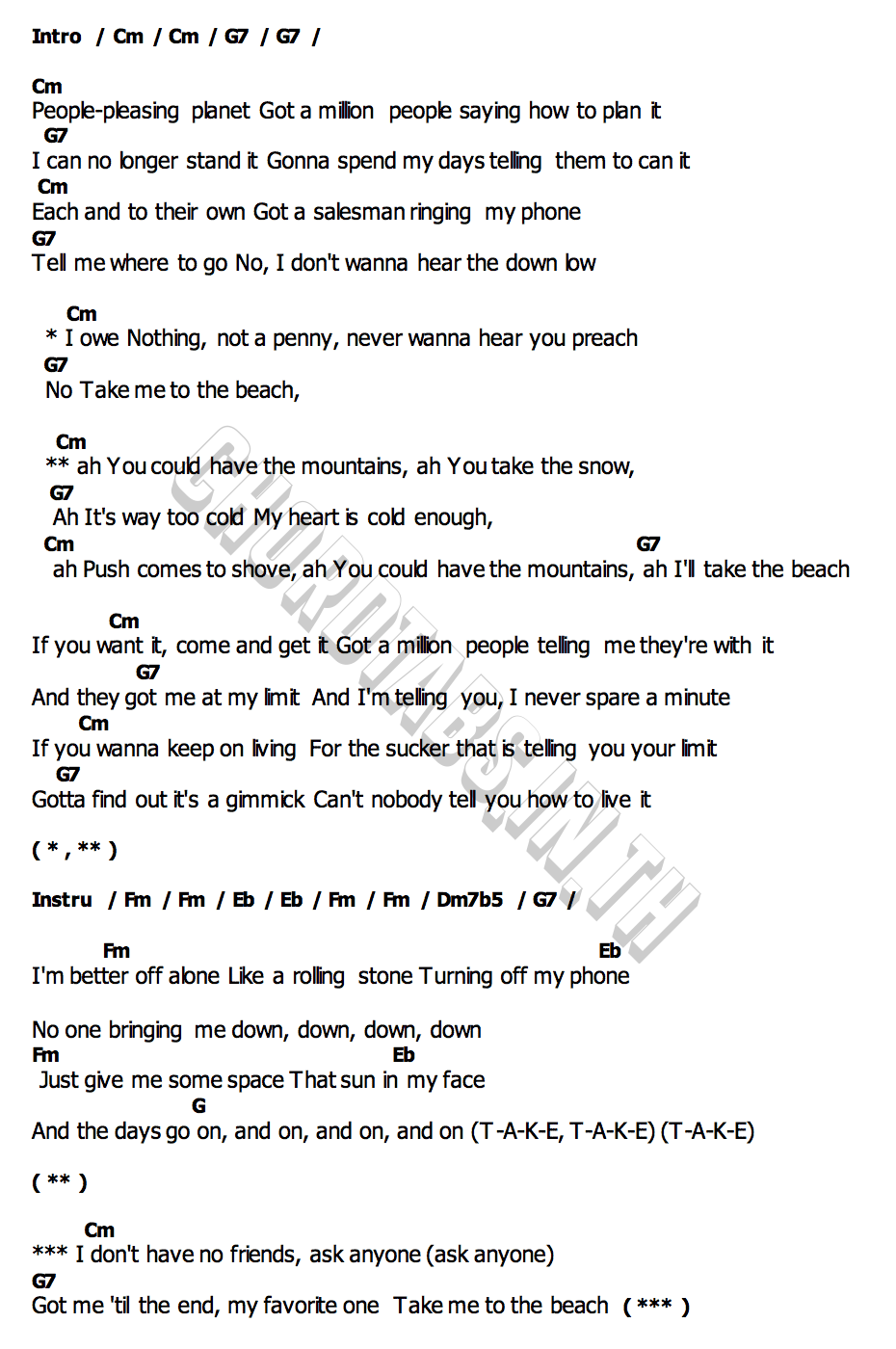 คอร์ด Take Me To The Beach Imagine Dragons
