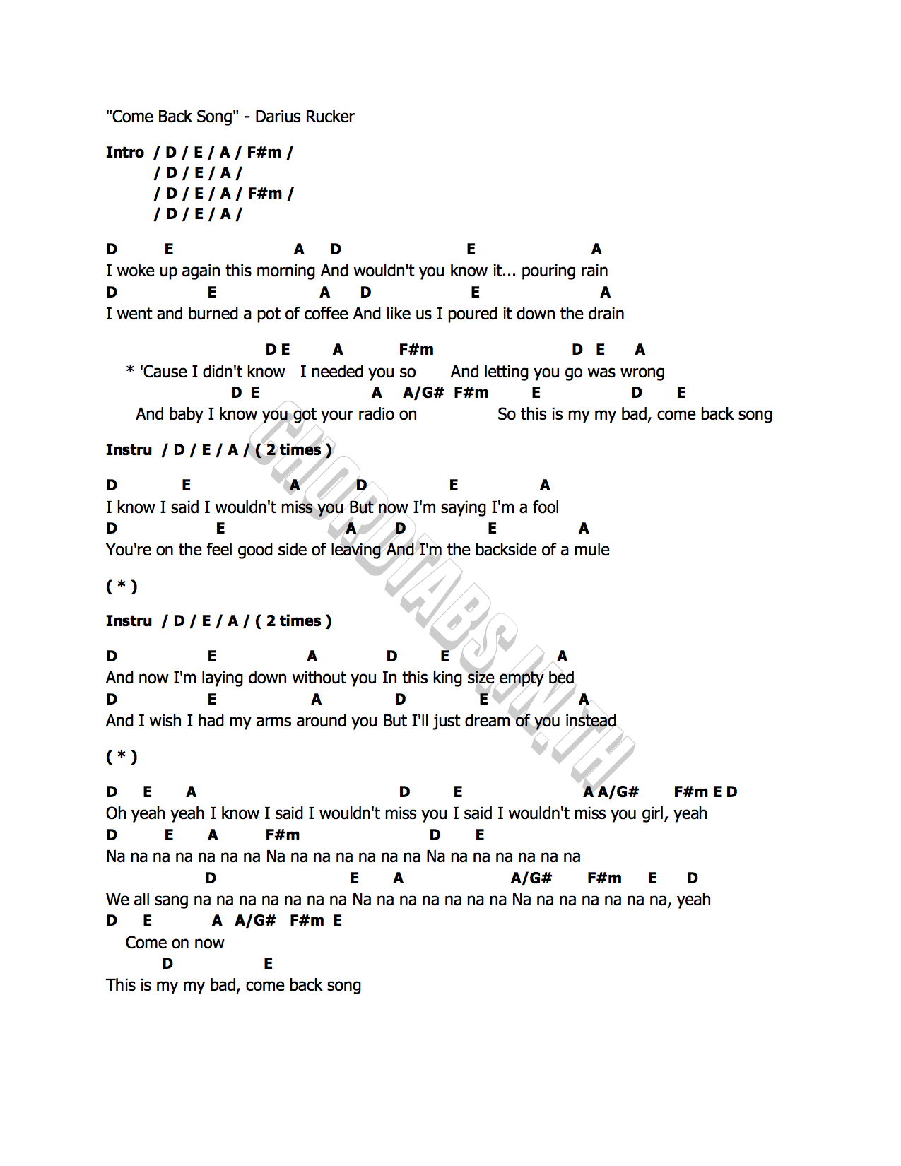 คอร์ด Come Back Song Darius Rucker