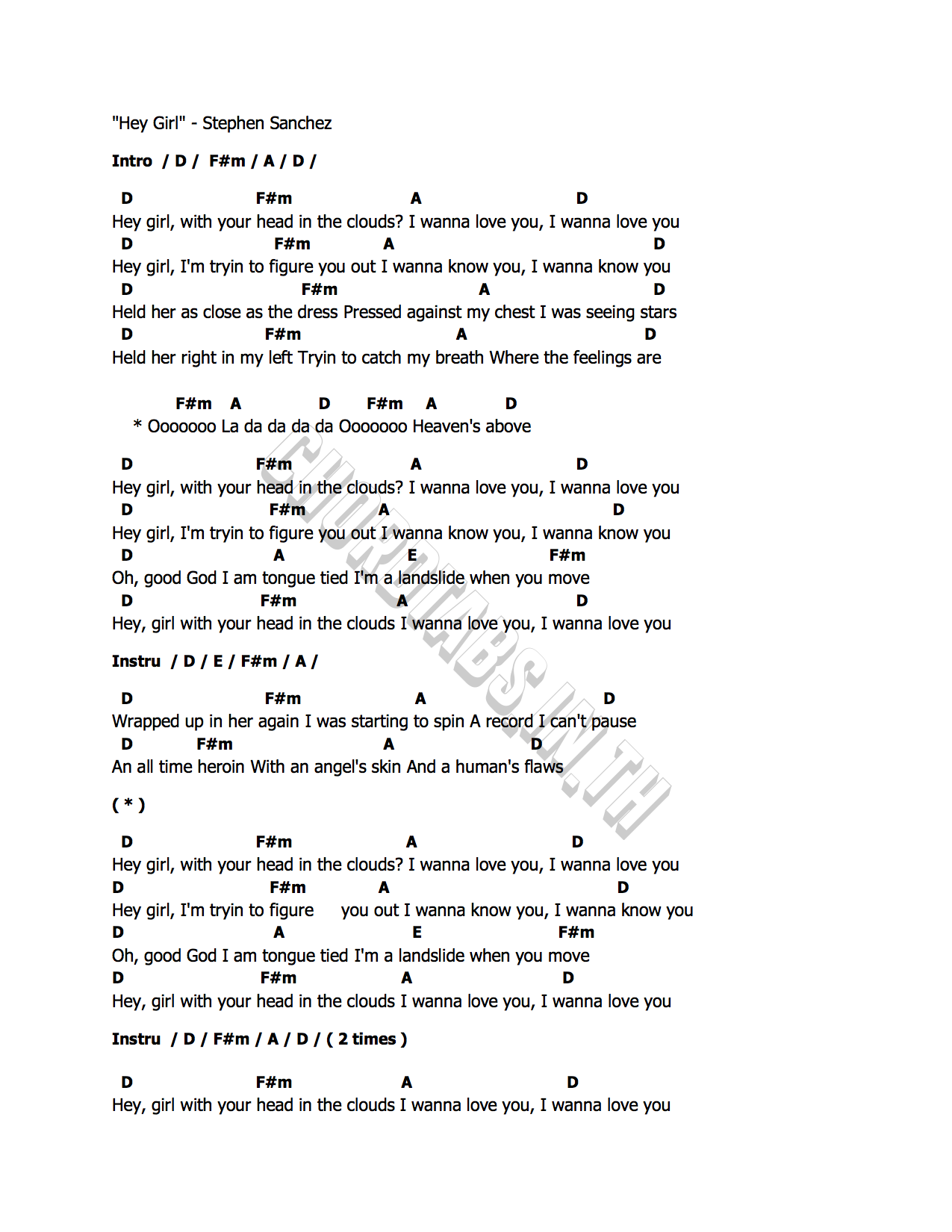 คอร์ด Hey Girl Stephen Sanchez