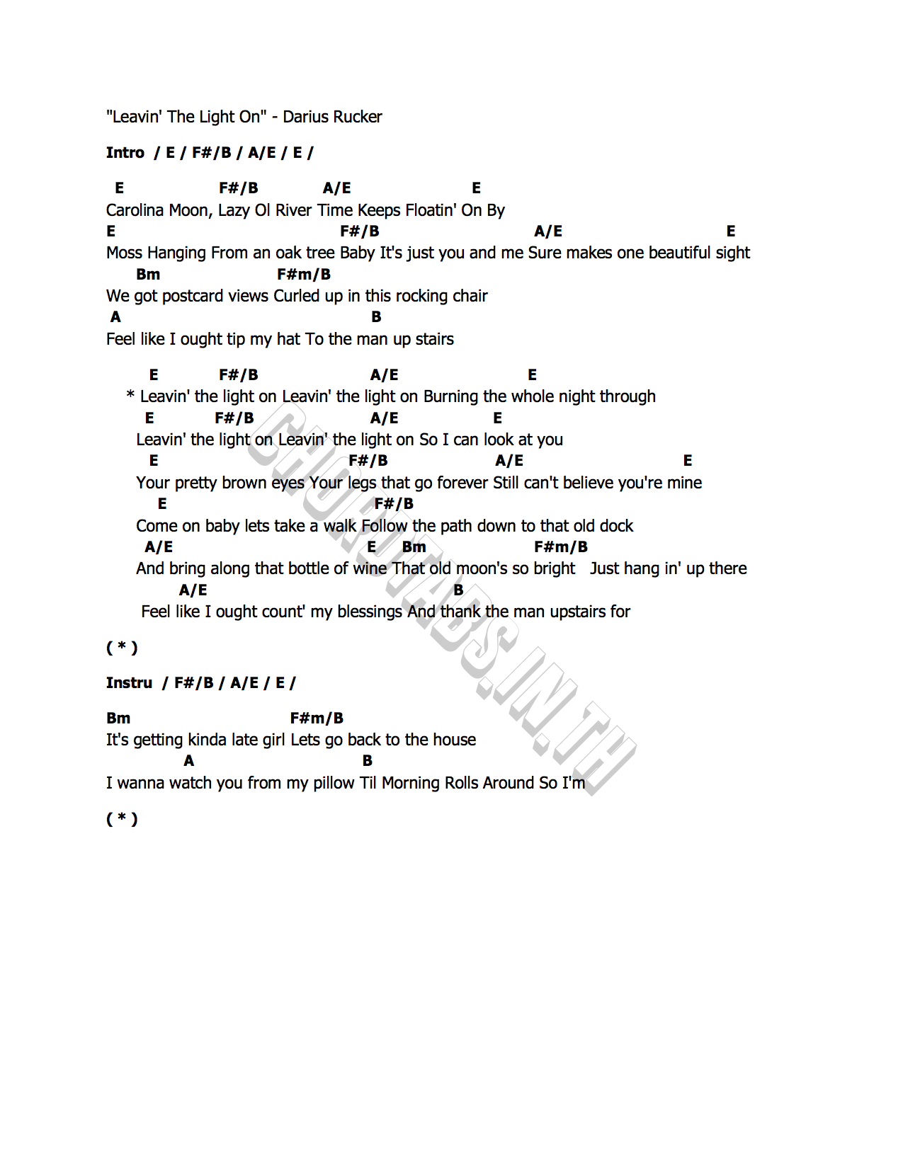 คอร์ด Leavin  The Light On Darius Rucker