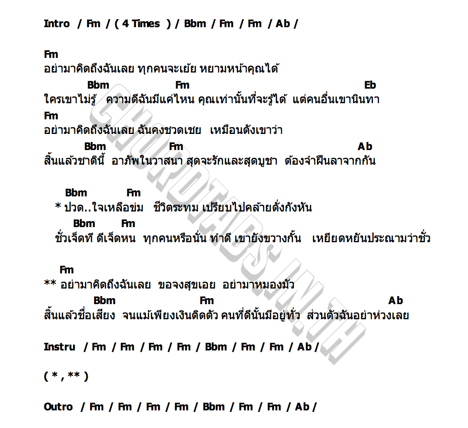คอร์ด อย่ามาคิดถึงฉันเลย ป่าน ปานชีวา