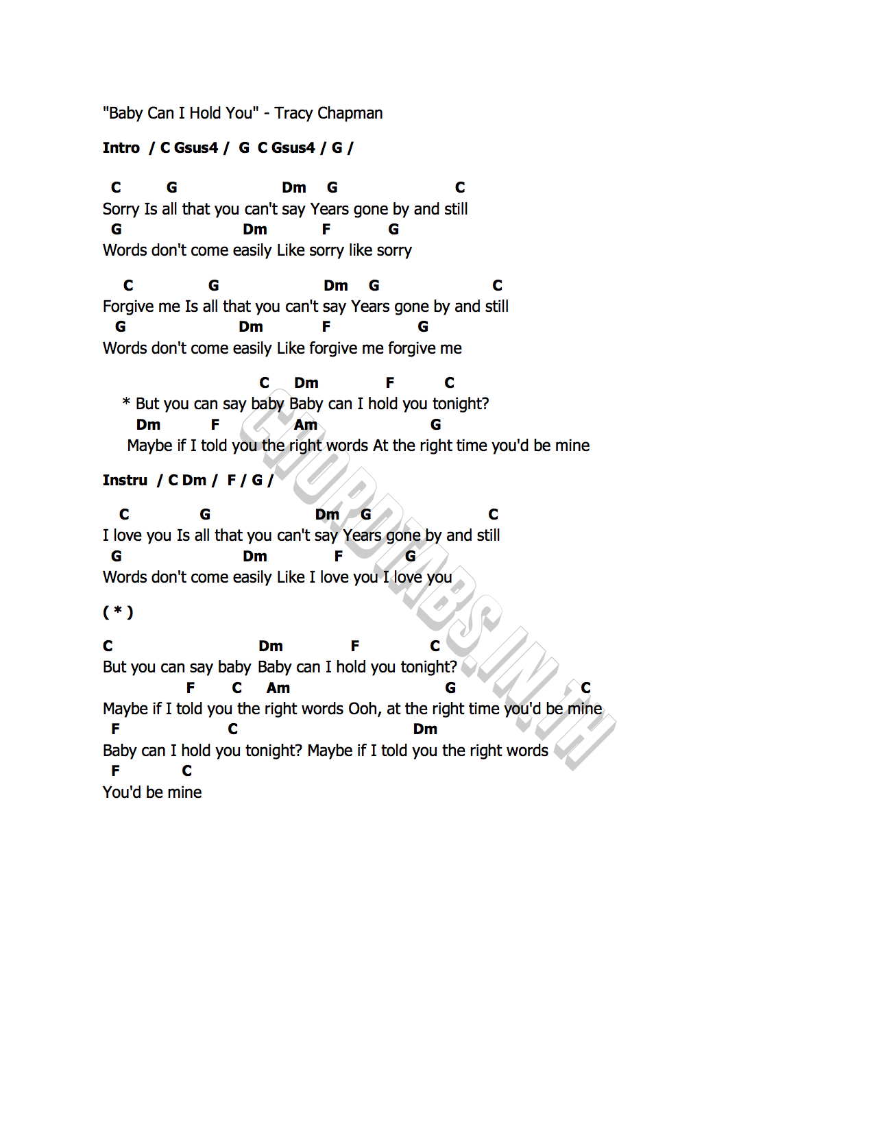 คอร์ด Baby Can I Hold You Tracy Chapman