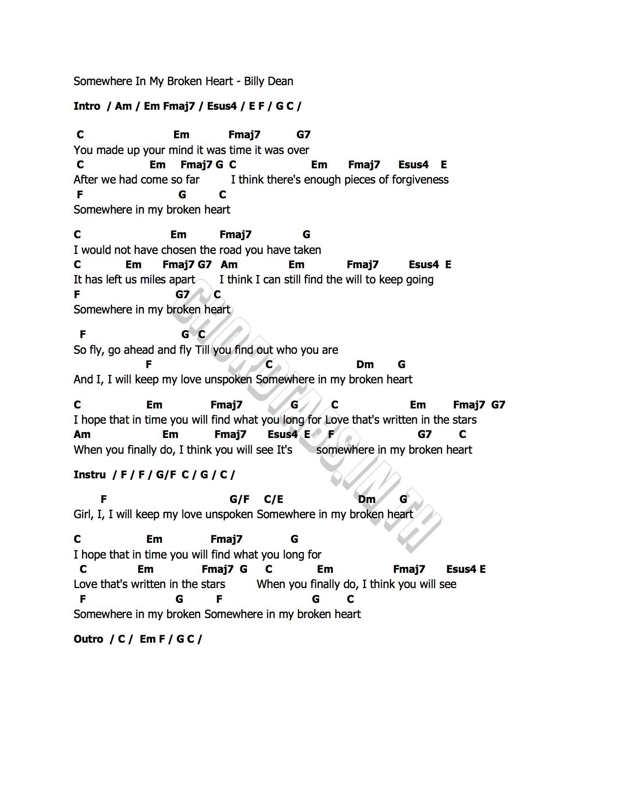 คอร์ด Somewhere In My Broken Heart Billy Dean
