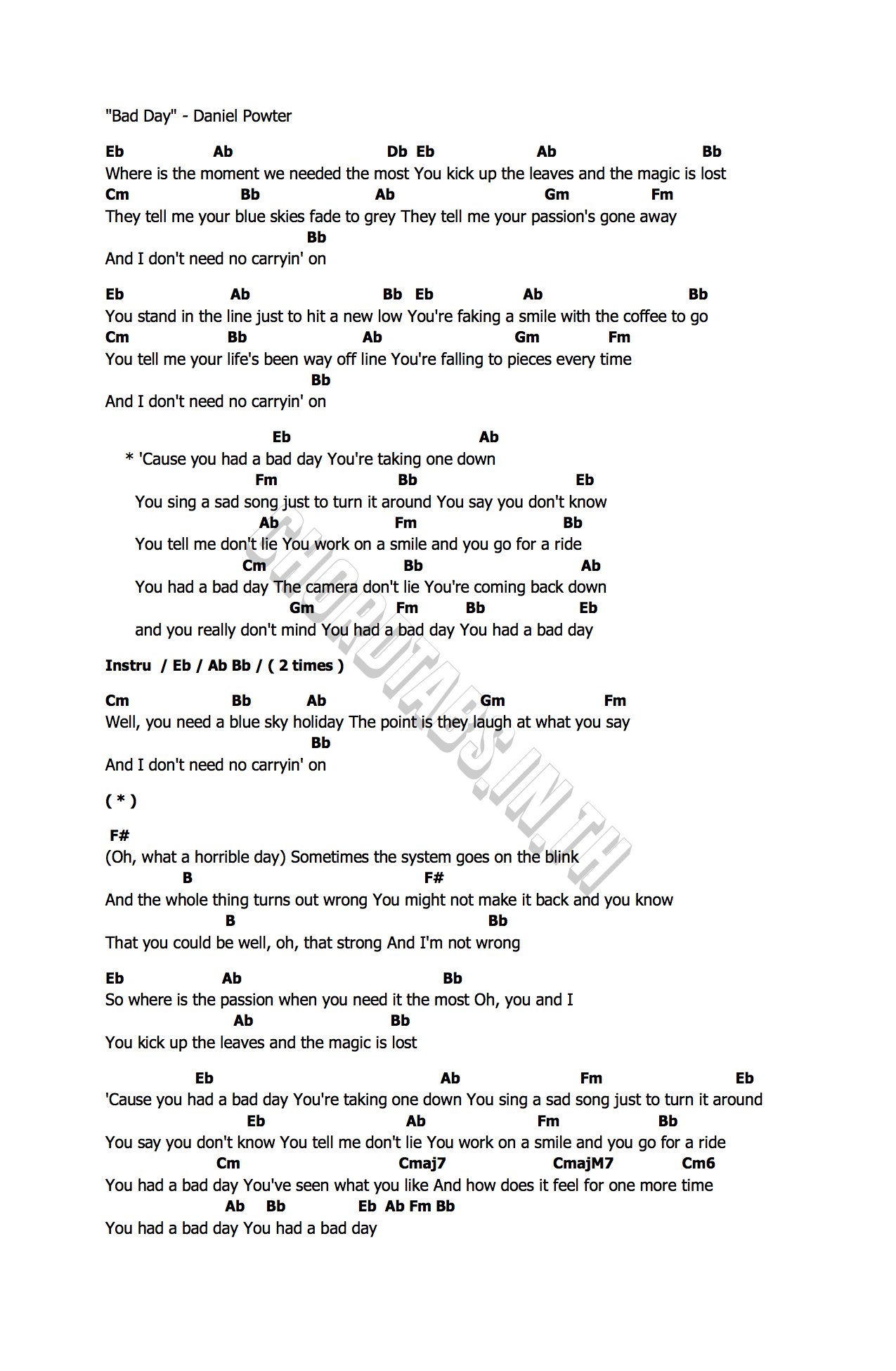 คอร์ด Bad Day Daniel Powter