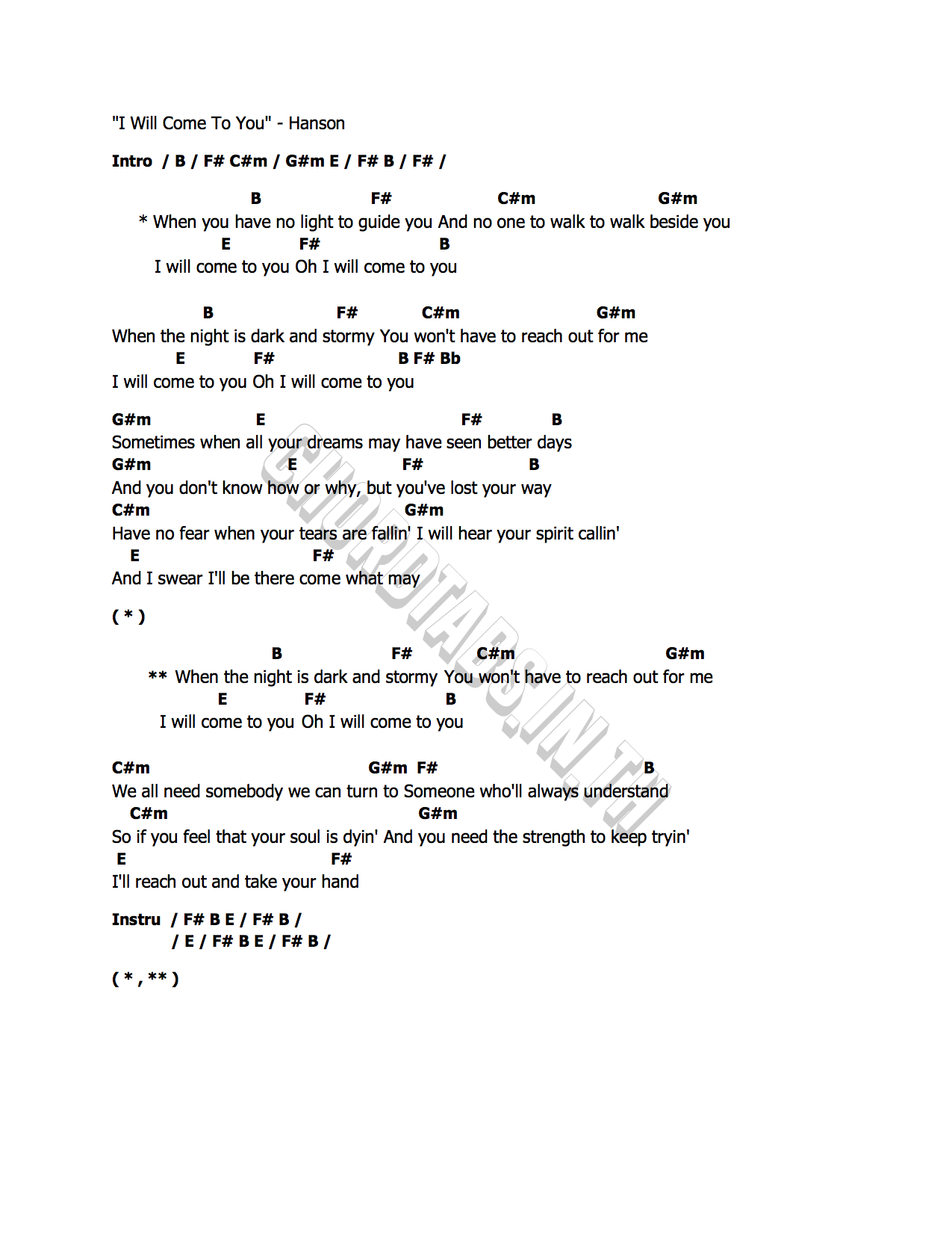 คอร์ด I Will Come To You Hanson