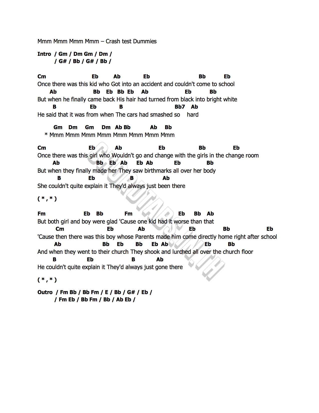 คอร์ด Mmm Mmm Mmm Mmm Crash test Dummies