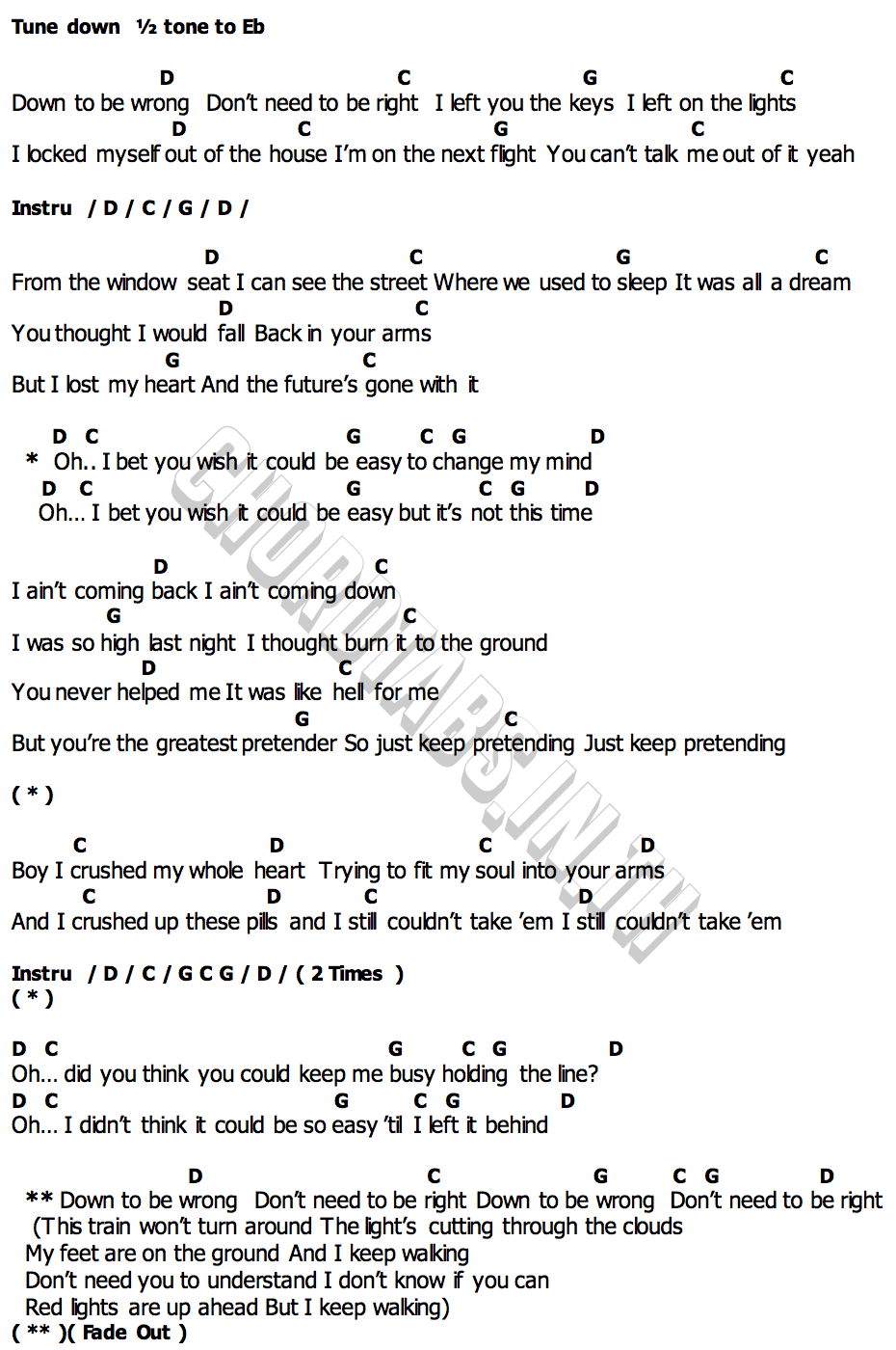 คอร์ด Down to be wrong HAIM