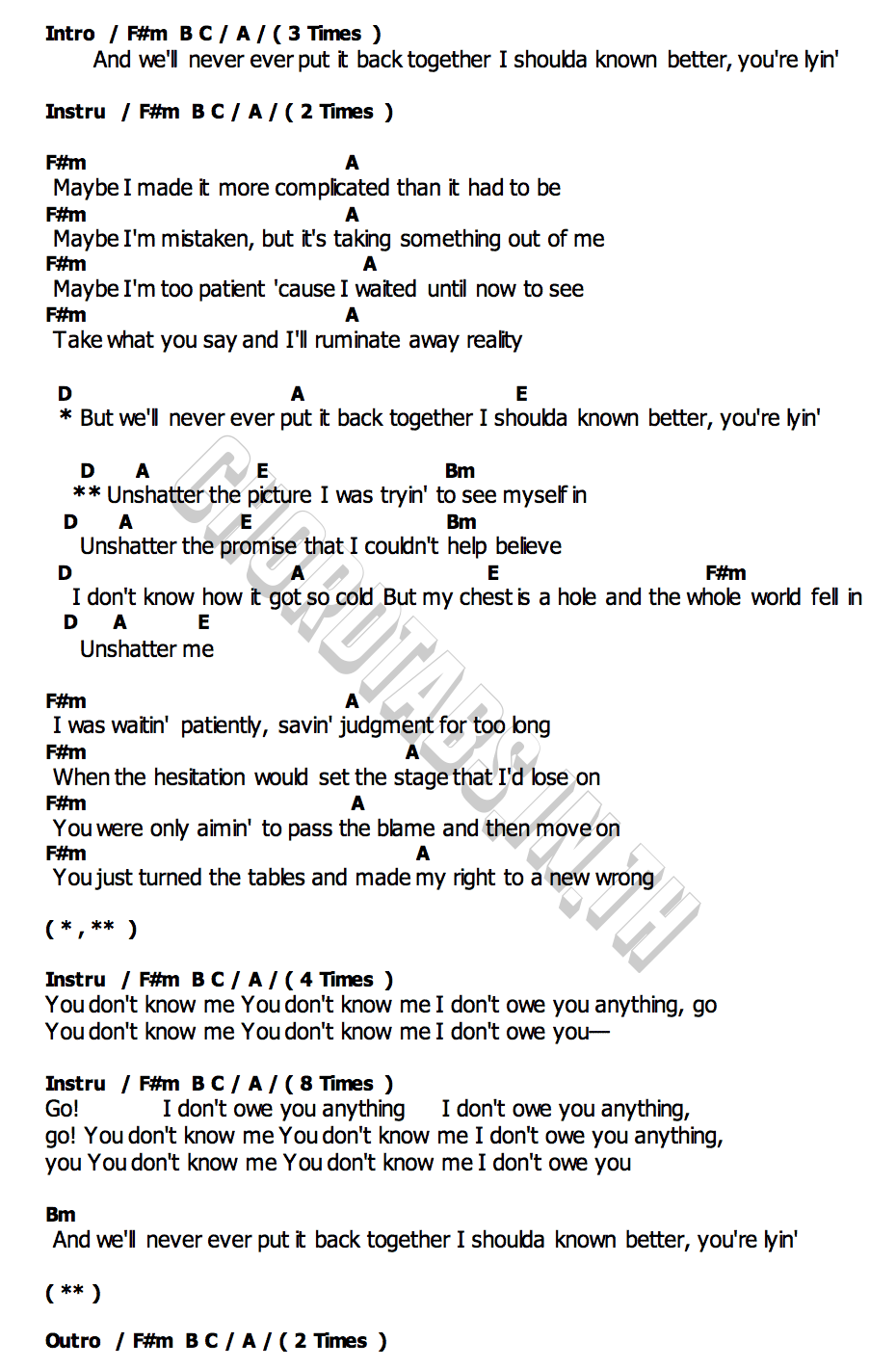 คอร์ด Unshatter Linkin Park