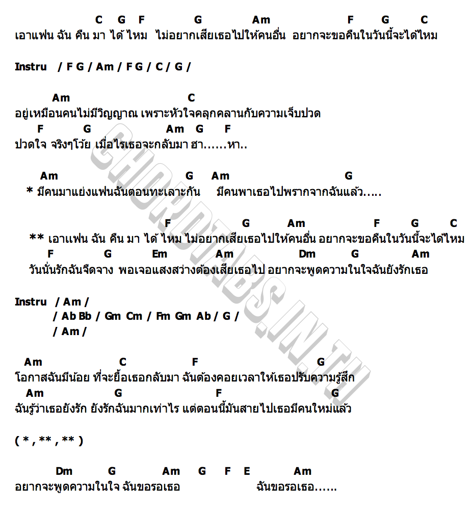 คอร์ด ขอแฟนฉันคืน ไข่จ้อง ดาวจุฬา