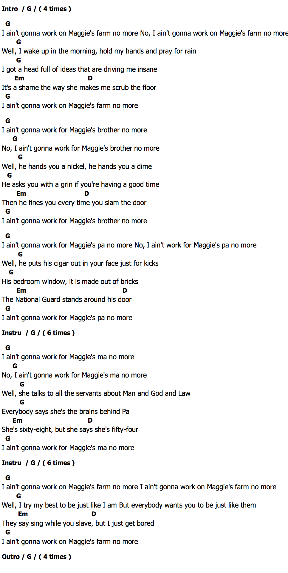 คอร์ด Maggies Farm Bob Dylan