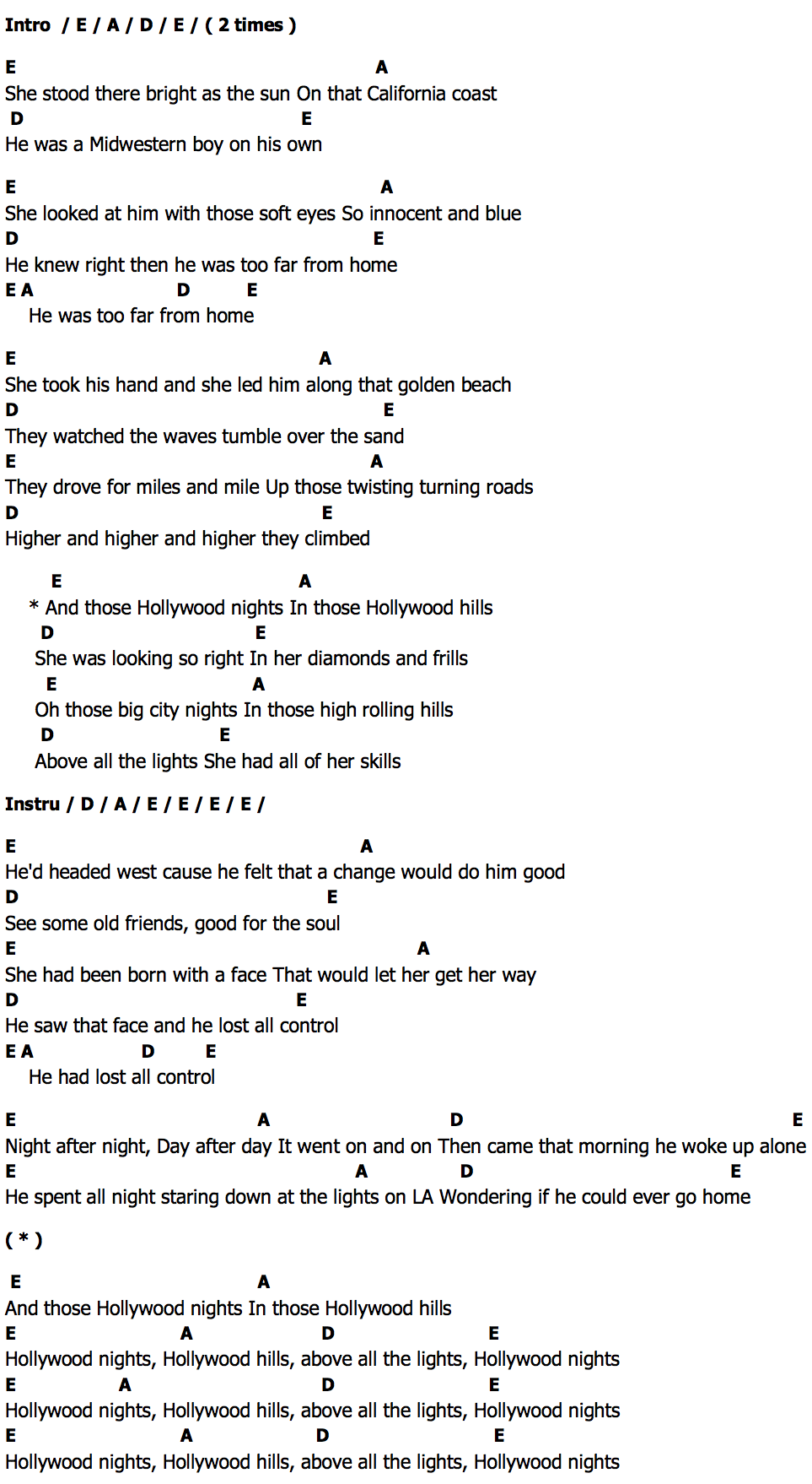 คอร์ด Hollywood Nights Bob Seger & The Silver Bullet Band