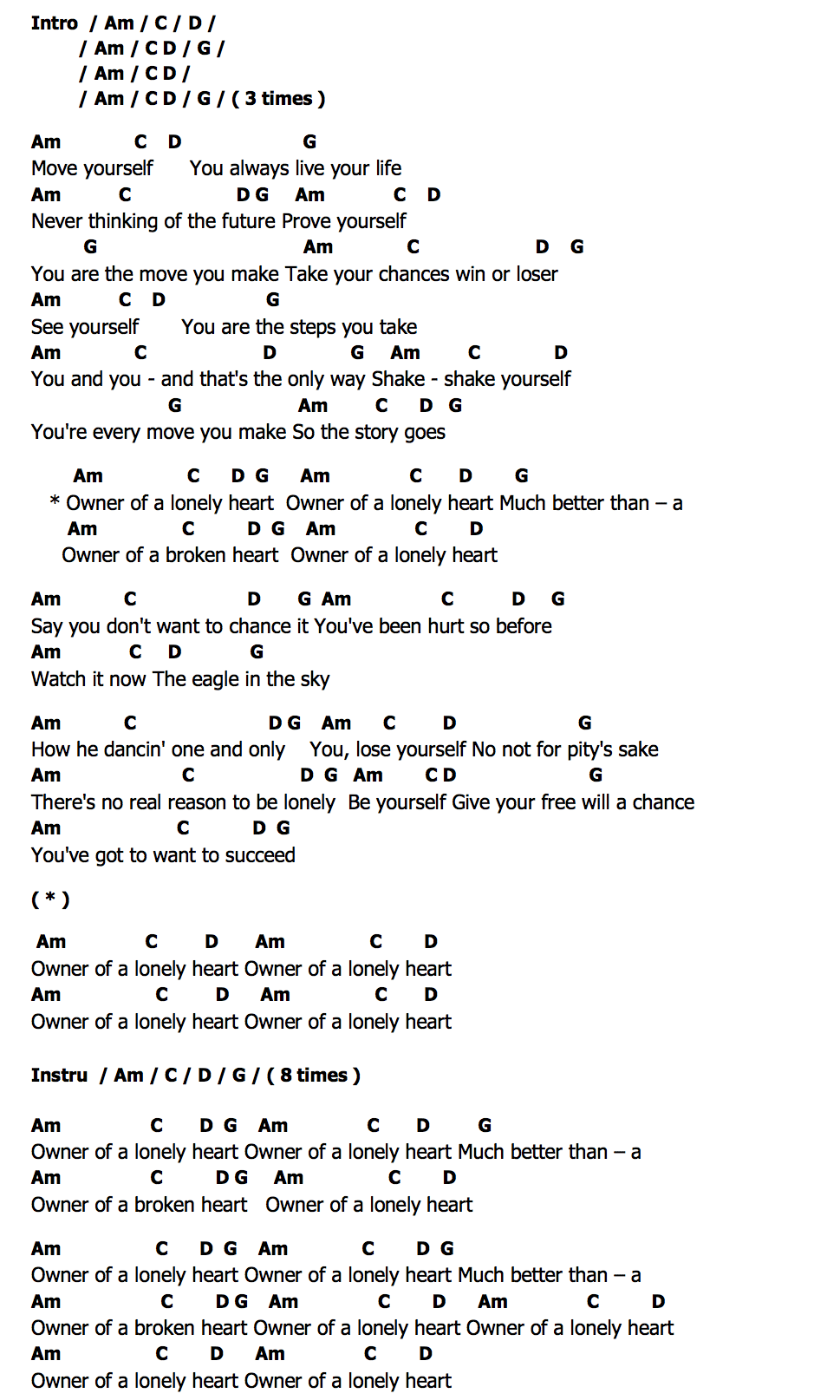 คอร์ด Owner Of A Lonely Heart Yes