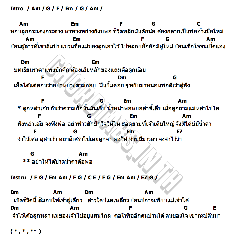 คอร์ด พ่อฮ้างสอนลูก ไพบูลย์ แสงเดือน