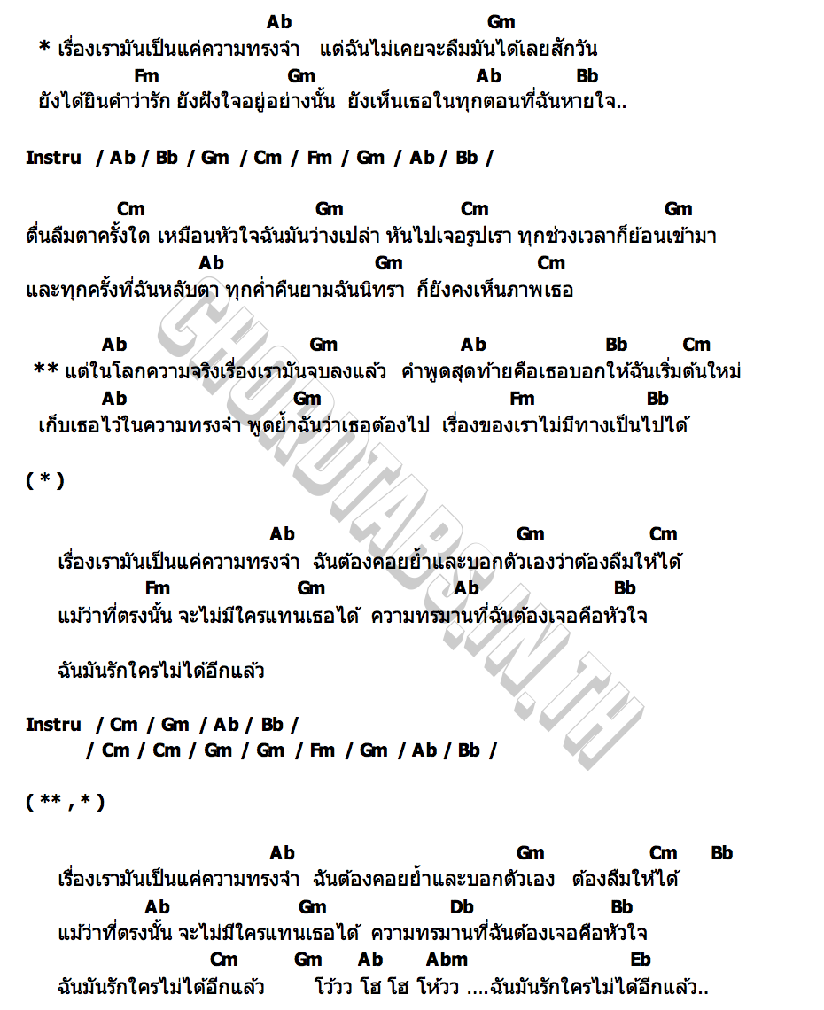 คอร์ด เรื่องเรามันเป็น แค่ความทรงจำ กล้วย ชมชนา คลองหอยโข่ง