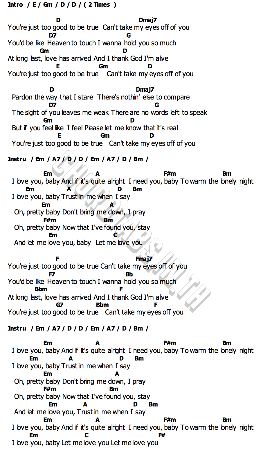 คอร์ด Can´t take my eyes off you ( Key D ) Lula Band