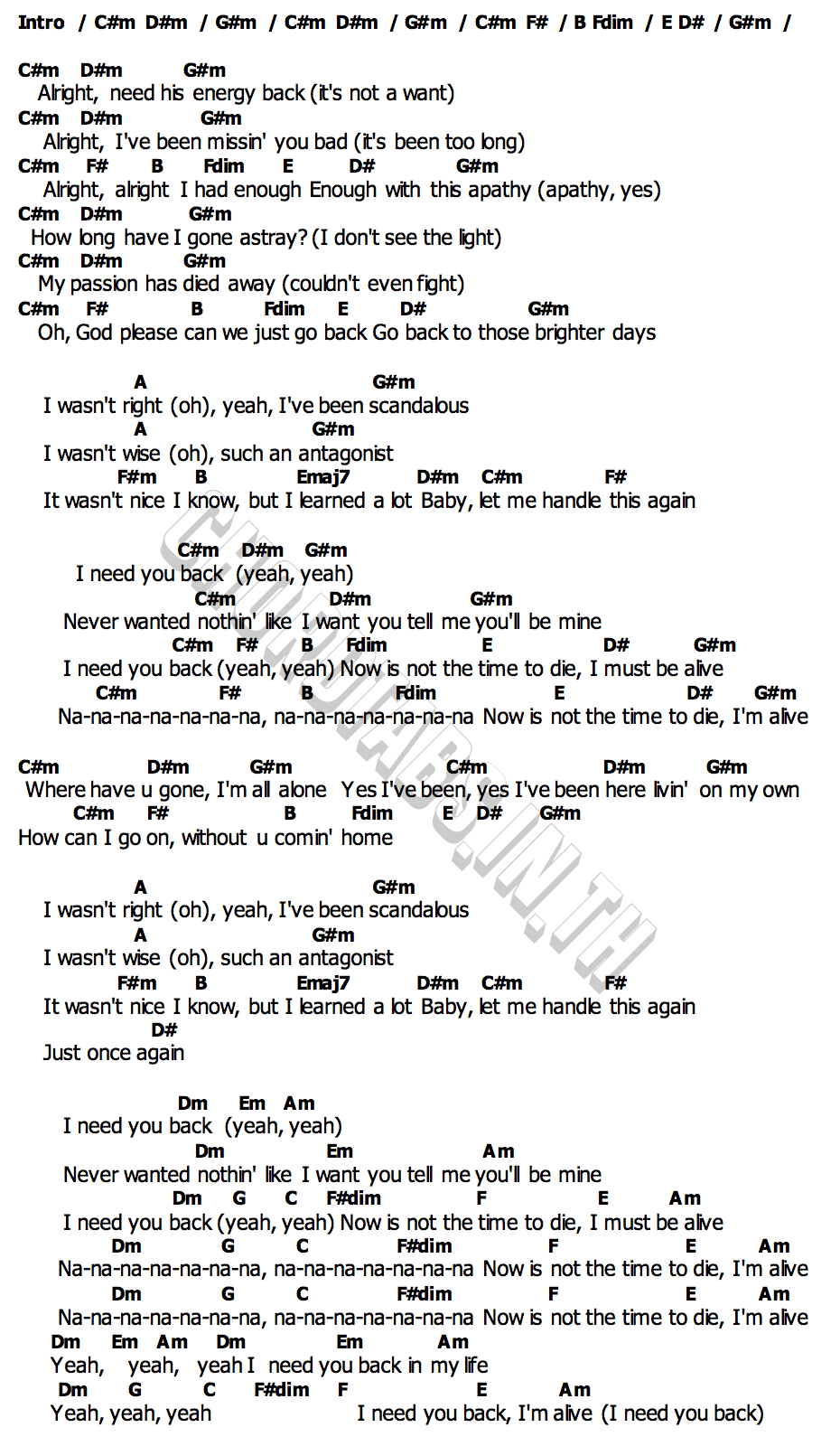 คอร์ด I Need U Back Fujii Kaze