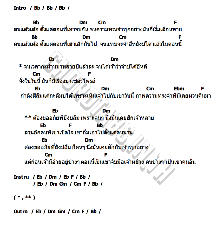 คอร์ด ขออภัยที่ยังบ่ลืม เบนซ์ ปรีชา