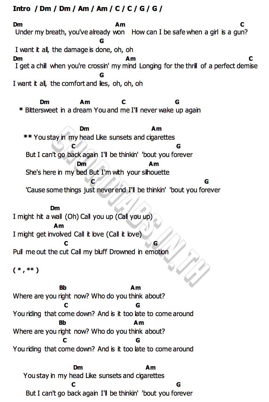 คอร์ด Sunsets & Cigarettes Mark Tuan